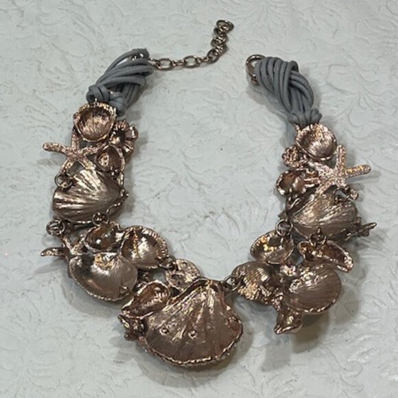 Beach Rose Gold Tone Ocean Shells Starfish Rhinestones Necklace Choker 18" - Picture 9 of 15